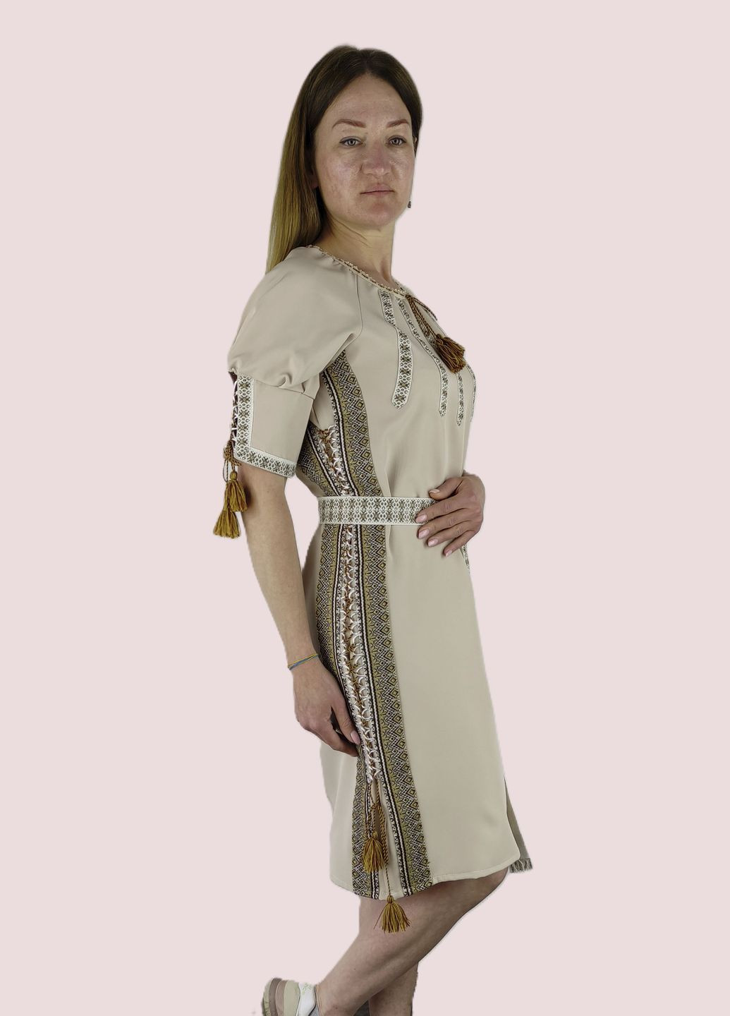 Бежевая женское вышитое платье национальное НоКо узор орнамент габардин (306741145)