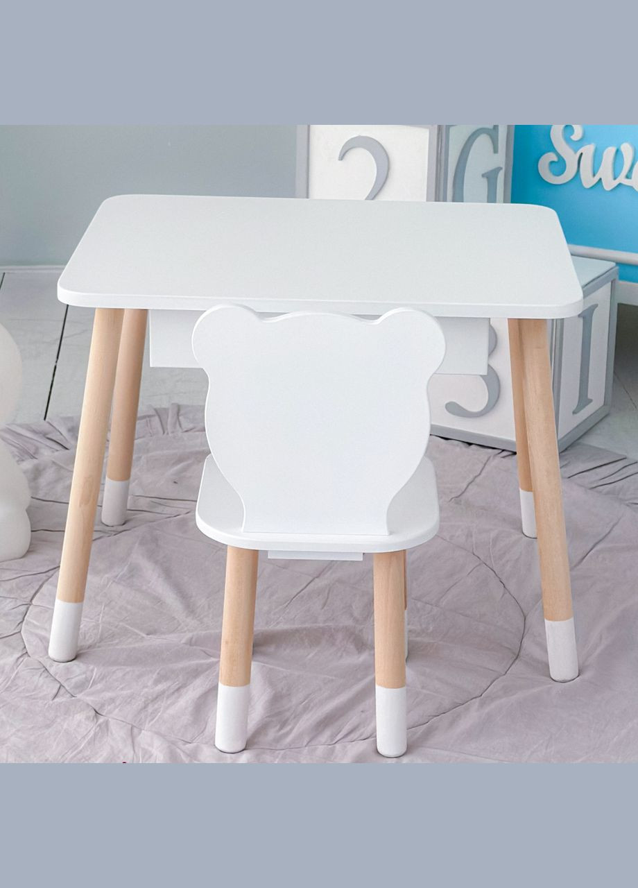 Детский столик и стульчик мишка белый. Столик с ящиком для карандашей и раскрасок 36095 No Brand (361259124)