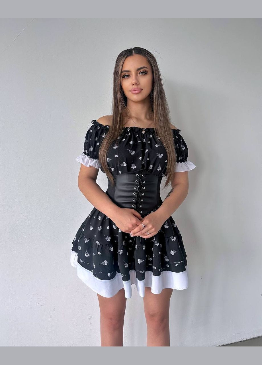Чорно-білий легка жіноча сукня з корсетом у комплекті No Brand з квітковим принтом