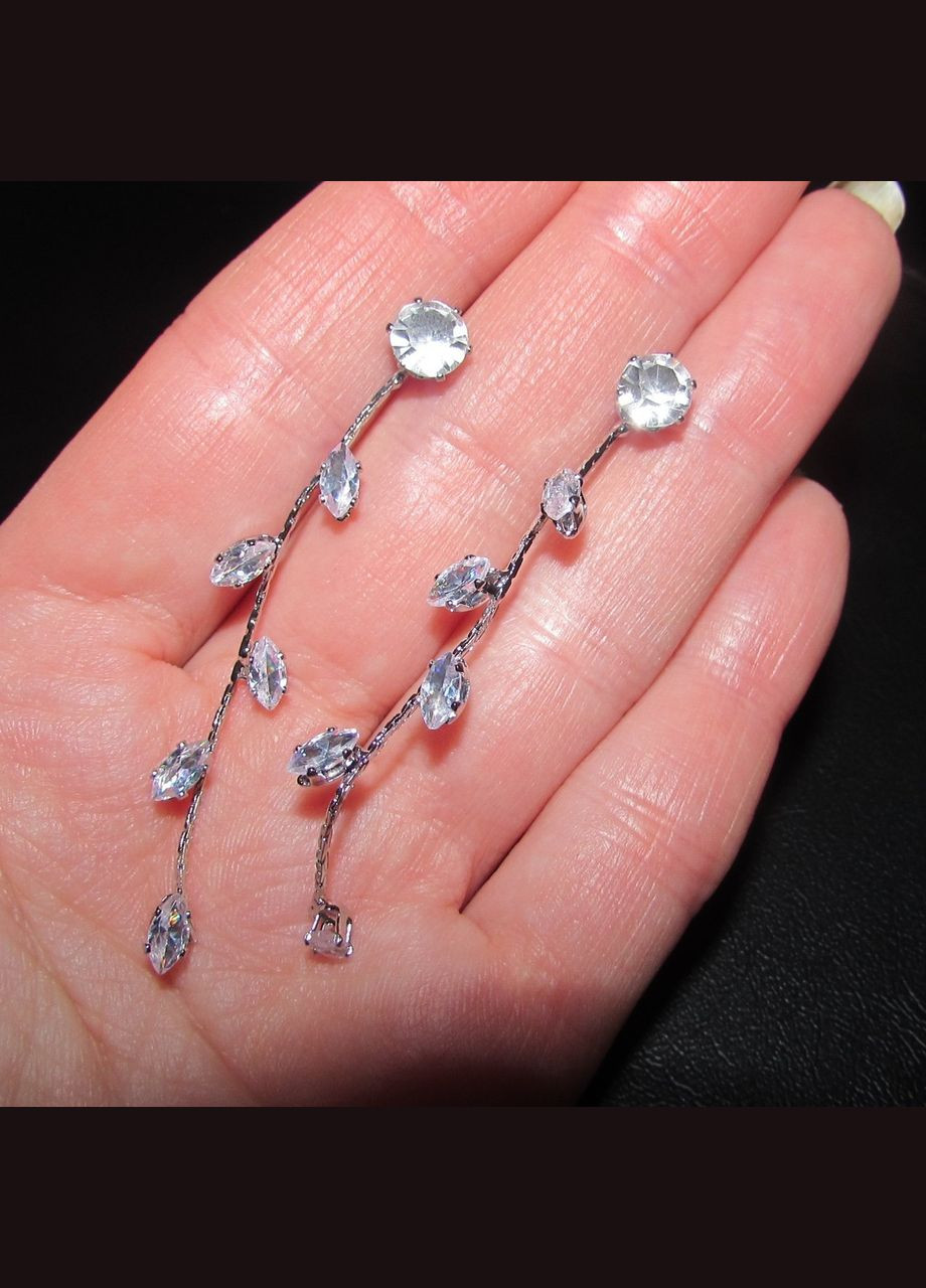 Серебристые серьги листья в кристаллах на цепях 2в1, 5664 Fashion Jewelry (338431188)