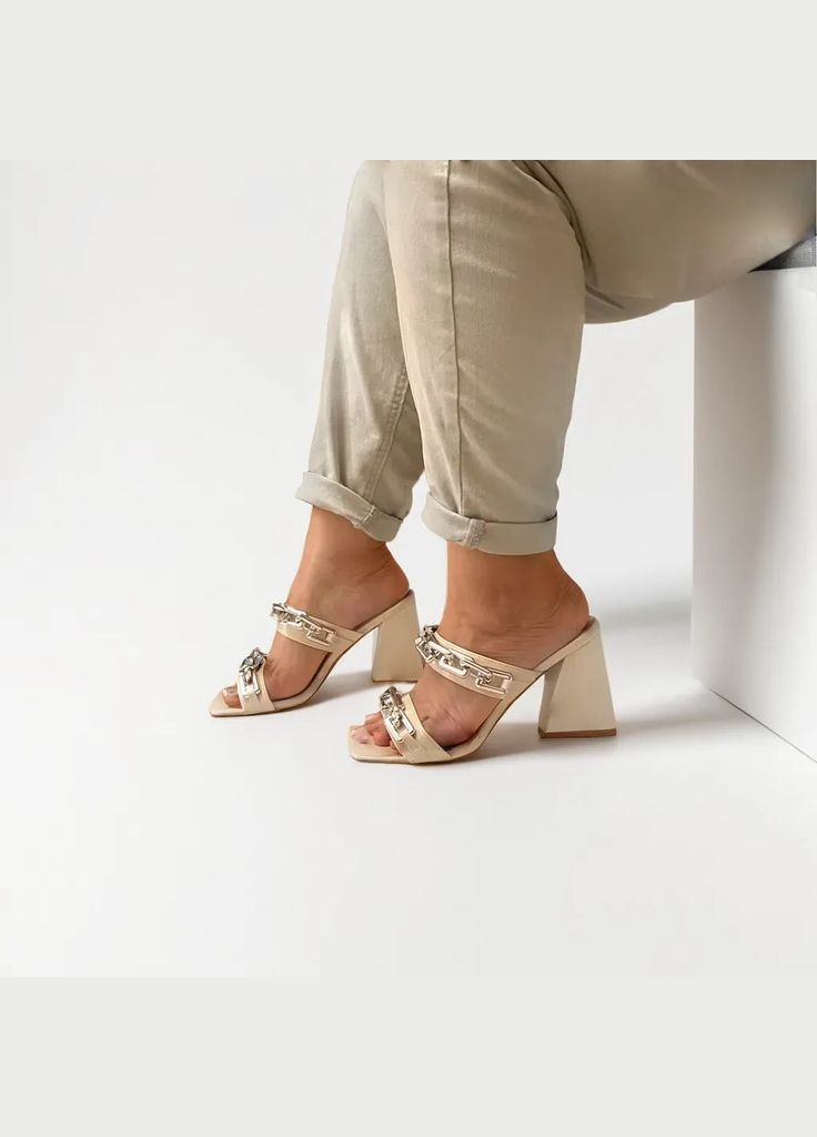 Бежевые женские кожаные босоножки, сабо на каблуке 1060 бежевые L&M без застежки