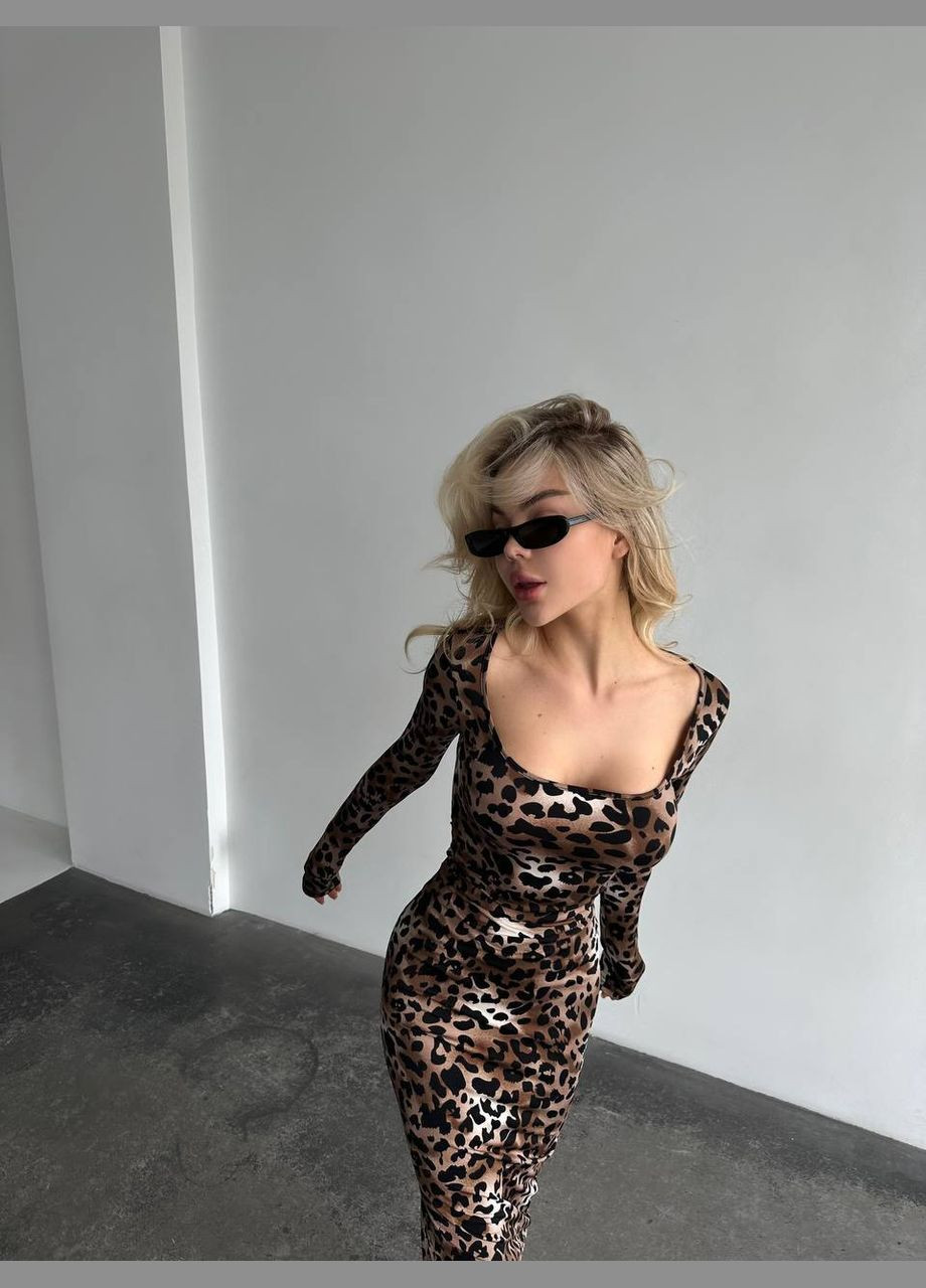 Коричневое праздничный, деловое, карнавальный, повседневный, кэжуал, вечернее женское стильное длинное макси леопардовое летнее платье с длинным рукавом трендовое качественное ле No Brand леопардовый