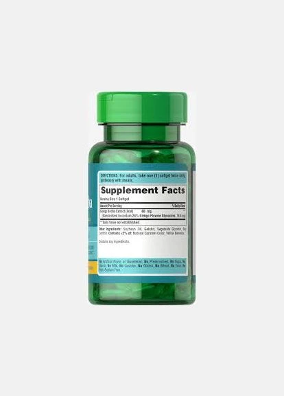 Гінкго білоба, Ginkgo Biloba,, стандартизований екстракт, 60 мг, 120 гелевих капсул Puritans Pride (322145497)