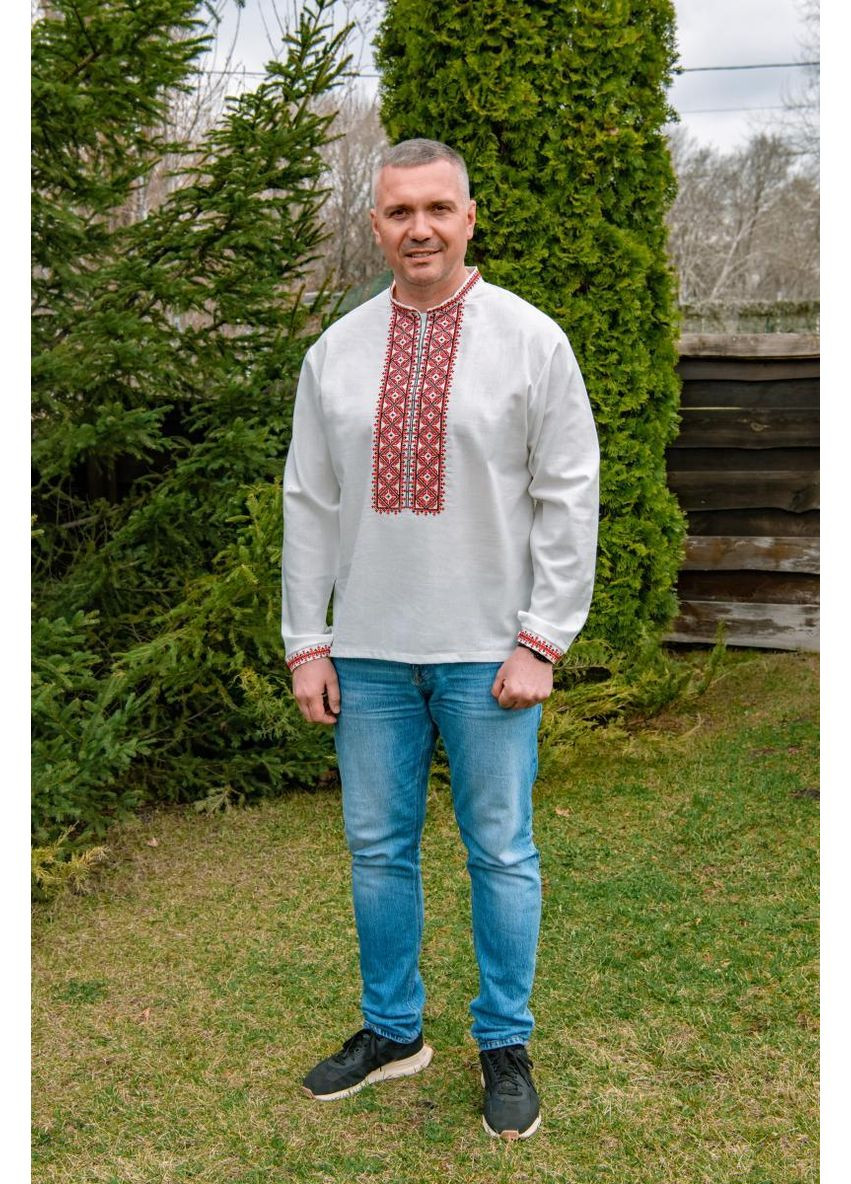 Біла чоловіча біла вишиванка з червоно-чорною вишивкою на планці традиційна модель з льону до 5xl, m льон (301033632)