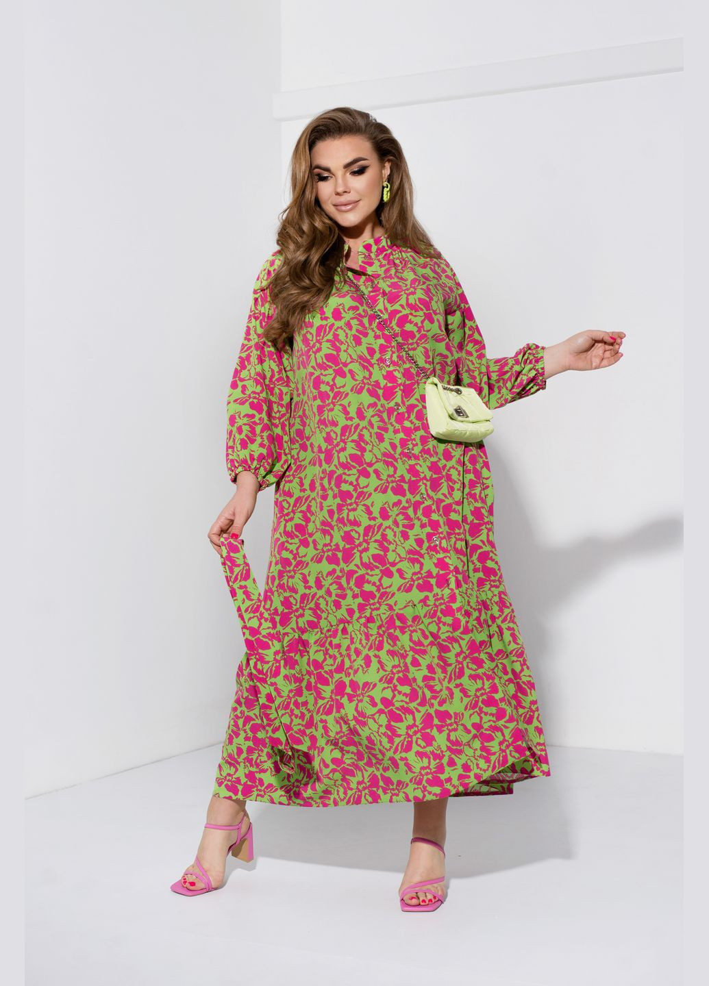 Салатовое кэжуал, повседневный трендовое платье колокол No Brand с цветочным принтом