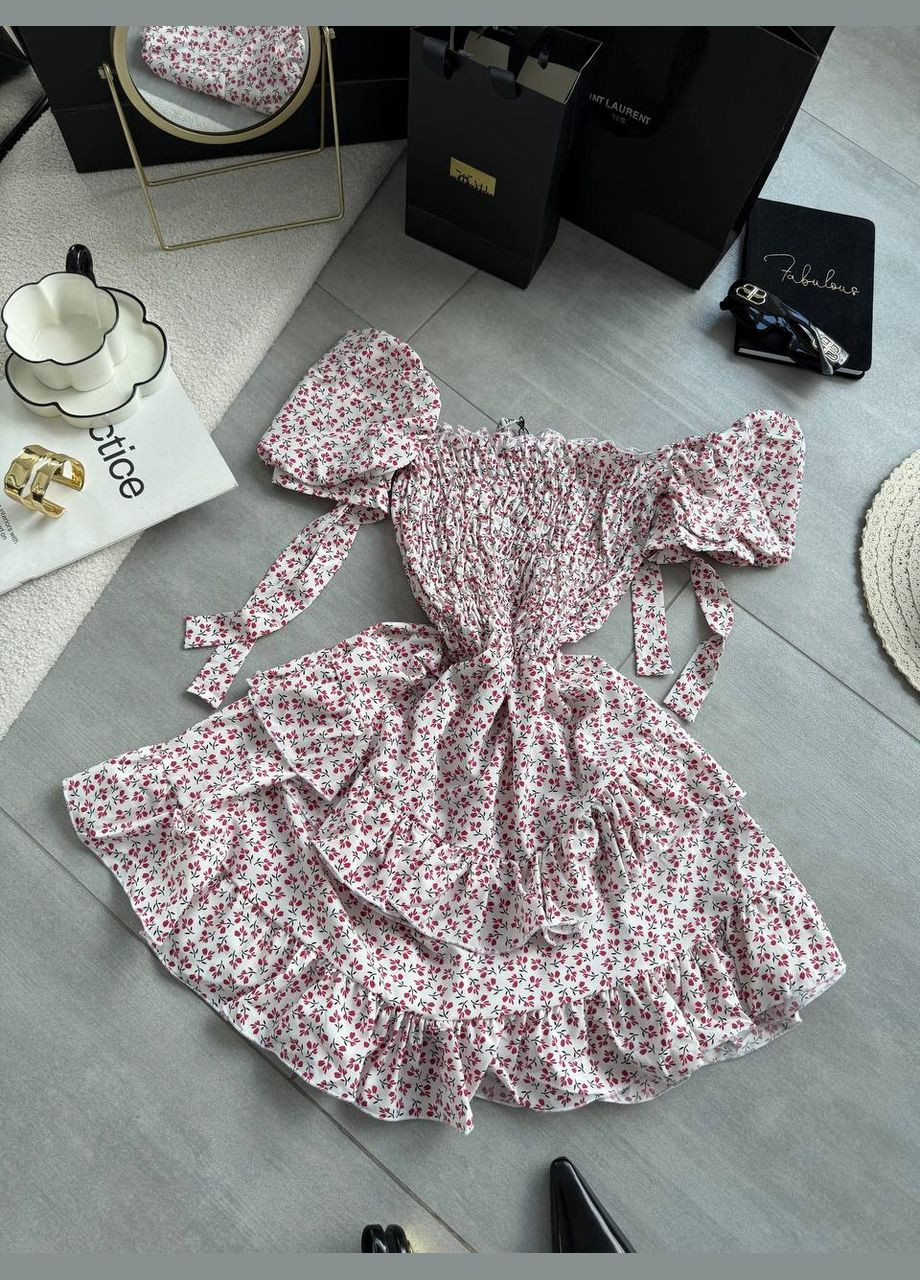 Розовое женское платье с цветочным принтом из софта No Brand с цветочным принтом