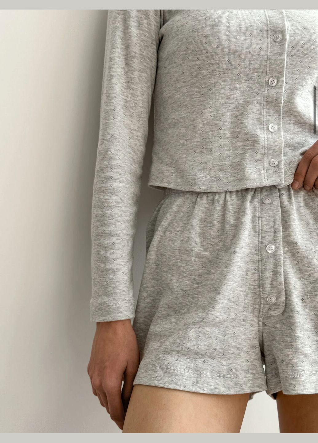Світло-сіра всесезон жіночий лонгслів ажурний меланж сірий жіноча піжама одяг для дому Twins