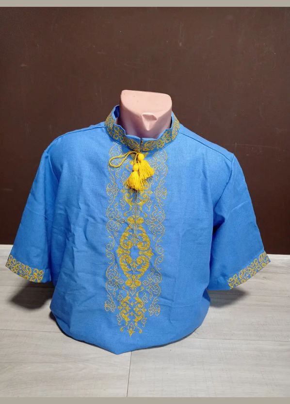 Голубая детская голубая вышиванка с вышивкой для мальчика подростка украинатд на 6-16 лет лен узор украинская символика лен (312016287)