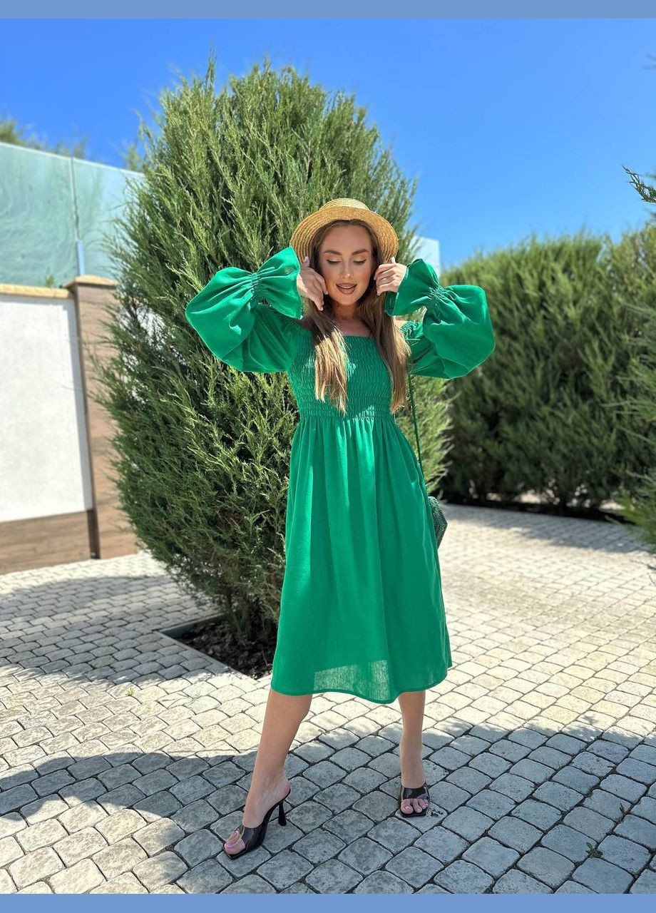 Зеленое повседневный платье меди из льна с открытыми рукавами а-силуэт MonCher