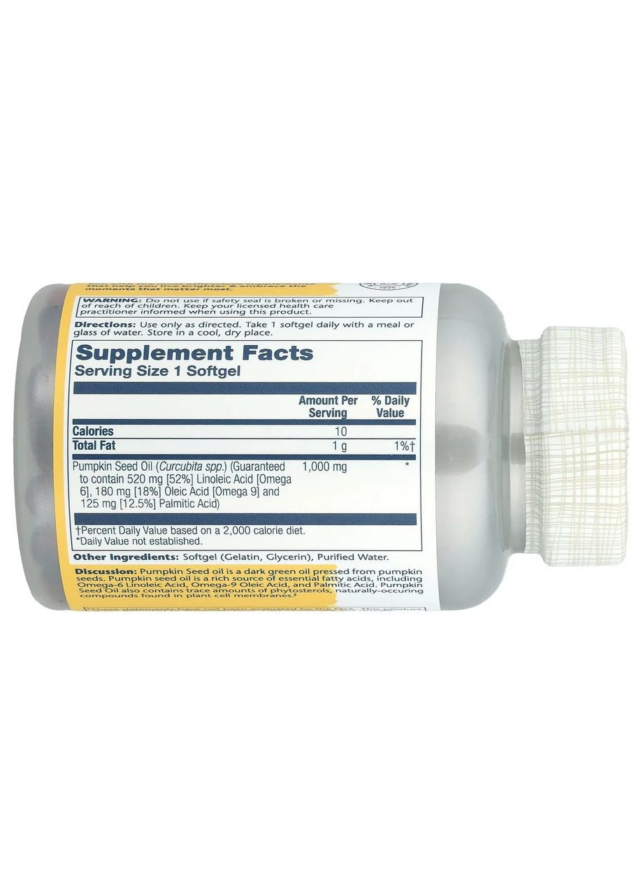 Масло семян тыквы Pumpkin Seed Oil 1000 мг, 90 капсул Solaray (365754623)