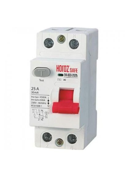 Дифференциальный автомат HOROZ "SAFE" 2P 25А 4.5 kA 30mА тип АС Horoz Electric (336905577)