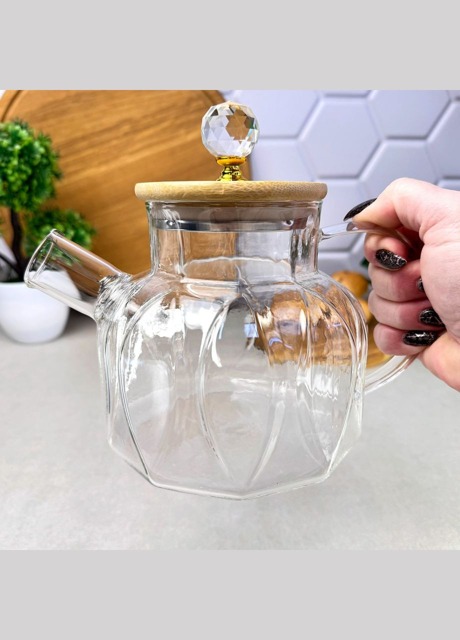 Стеклянный заварочный чайник 1 л с бамбуковой крышкой Leaf No Brand (321971481)