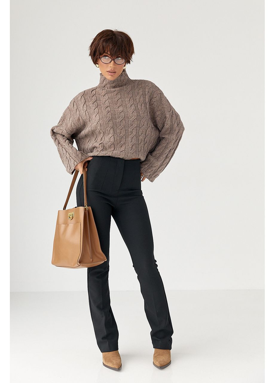 Кофейный зимний свободный вязаный свитер с косичками Lurex