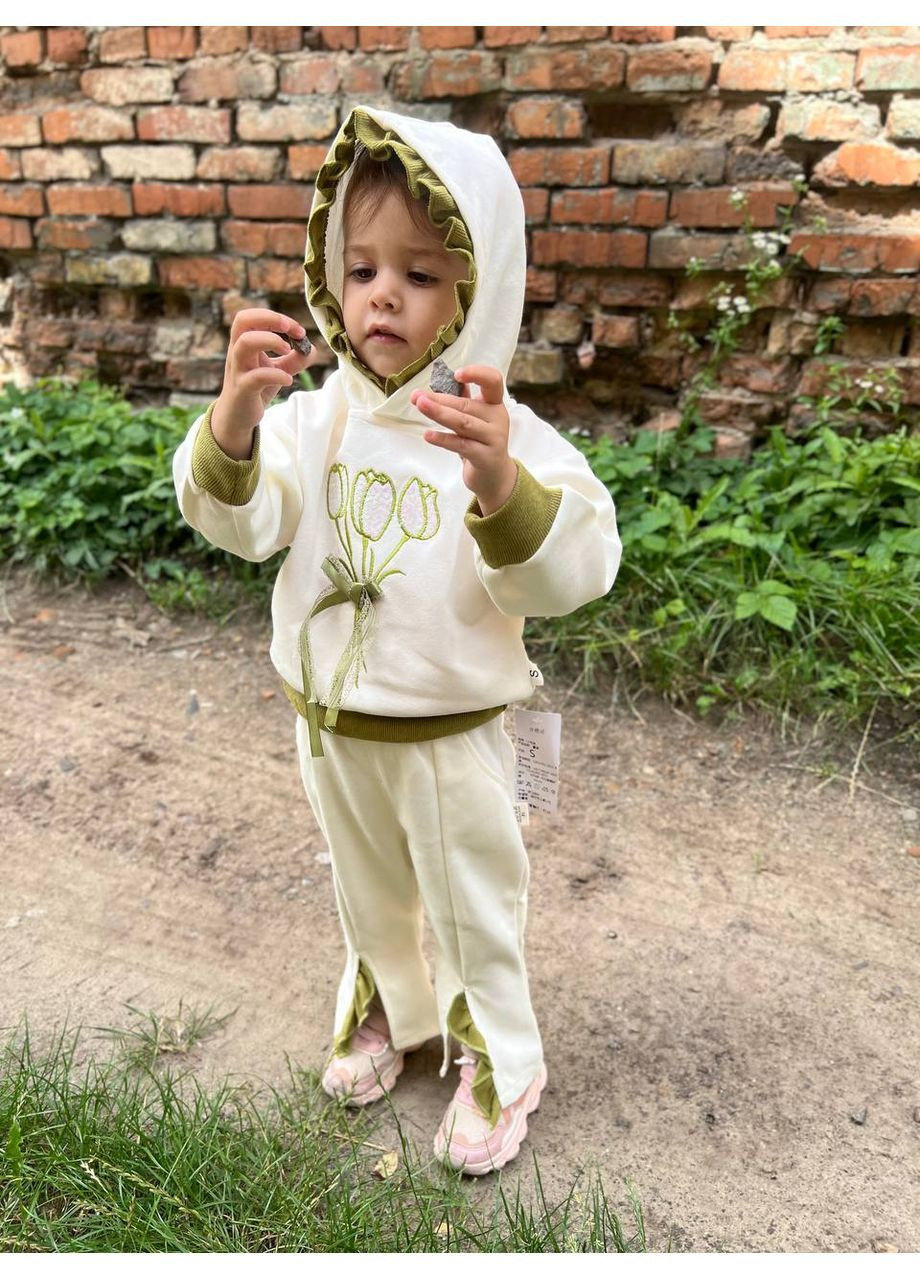 Молочний демісезонний бежевий на дівчинку з капюшоном і тюльпанами брючний No Brand костюм