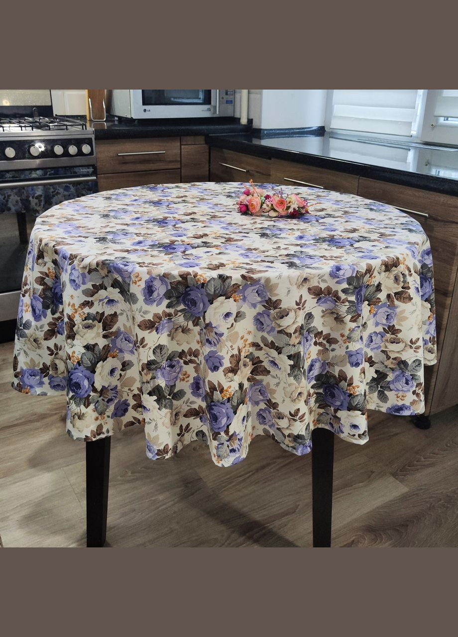 Скатертина кругла бавовняна водовідштовхувальна на круглий стіл біла з квітковим малюнком 100 Maystat (305390848)