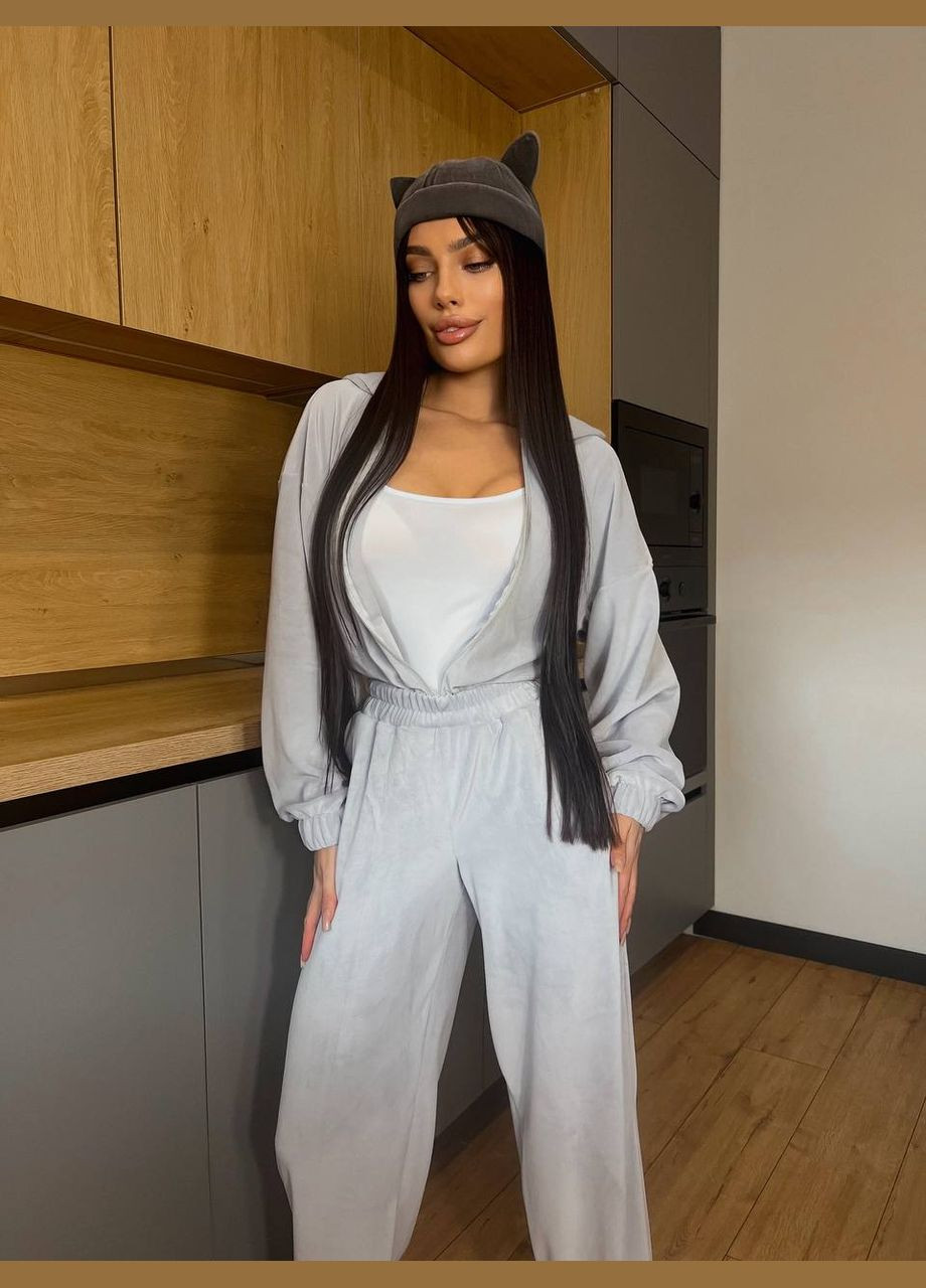 Комбинезон женский велюровый в сером цвете с капюшоном, повседневный и комфортный, стильный и удобный No Brand 652-4 однотонный серый