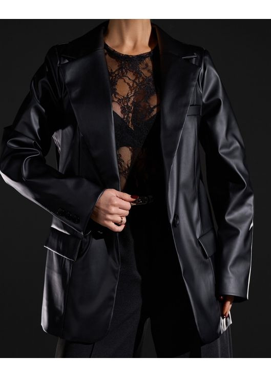 Черный женский пиджак из эко-кожи ISSA PLUS однотонный - всесезон