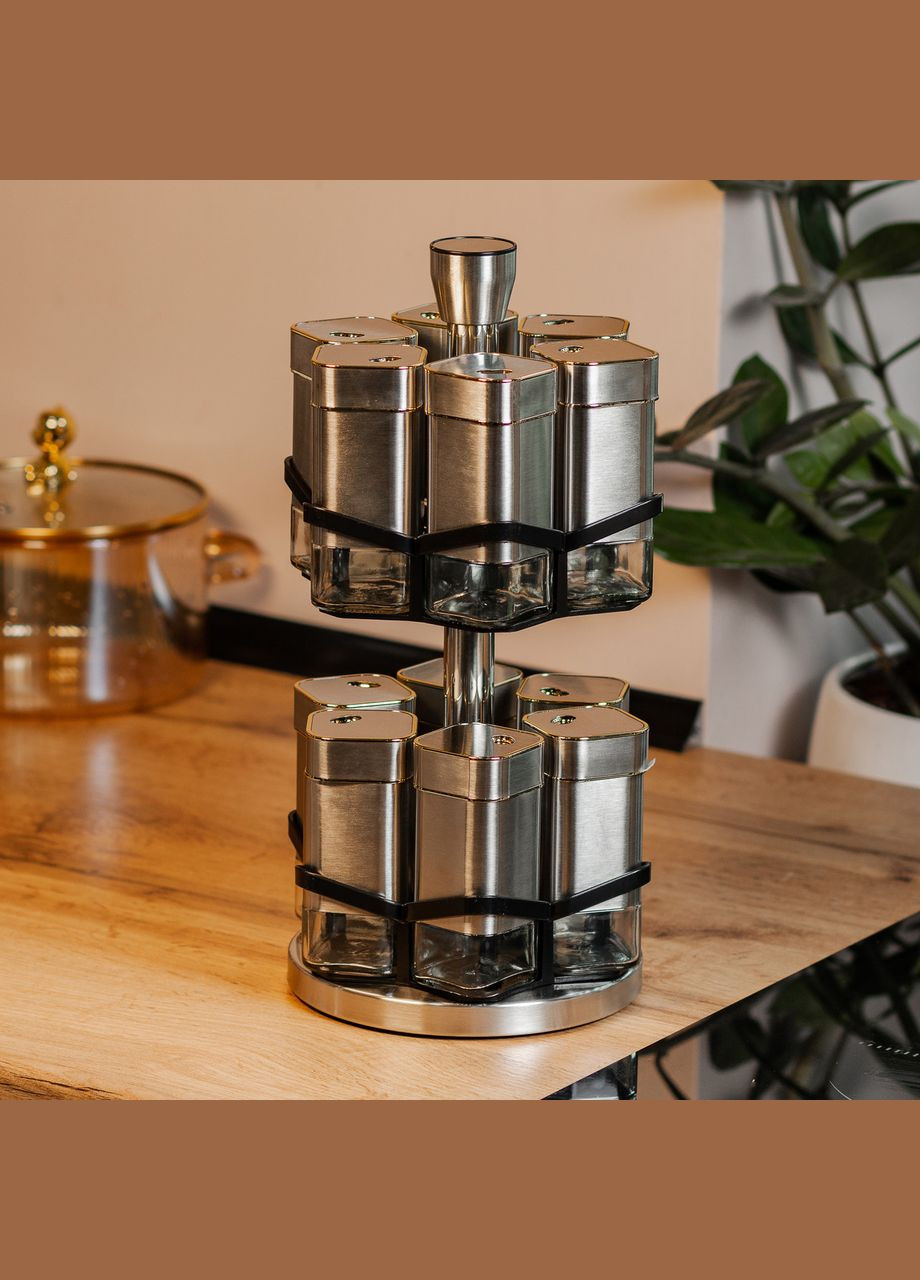 Набір для спецій на підставці 12 баночок по 120 мл, хром із золотом HP1321 TS Kitchen (306849108)