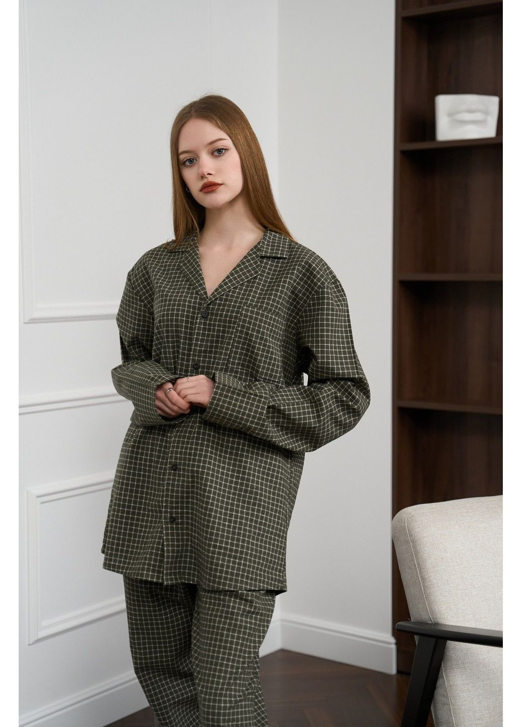 Оливкова піжама жіноча в клітинку фланель soft оливка сорочка + брюки Handy Wear