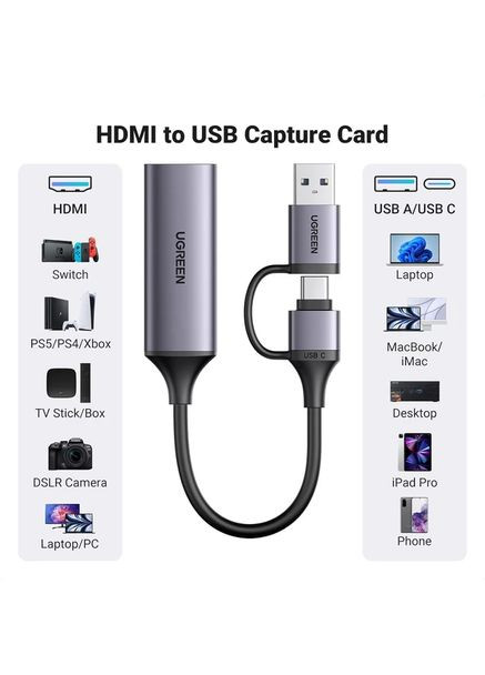 Карта видеозахват CM716 HDMI to USB (USB-C) HD USB Video Capture Card, камеры, потоковый, мобильное устройство (25854) Ugreen (364462137)