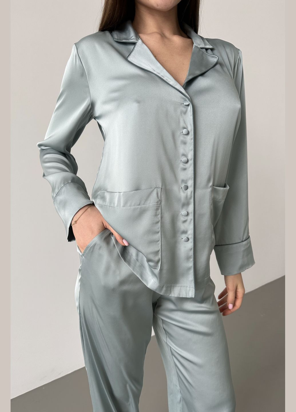 М'ятна всесезон піжамний костюм жіночий шовковий з кантом рубашка + брюки German Volf