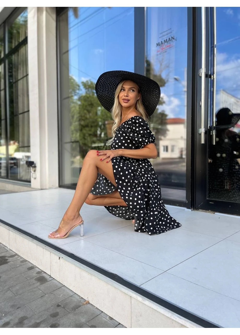 Чорна легка сукня міні з поясом у горох Fashion