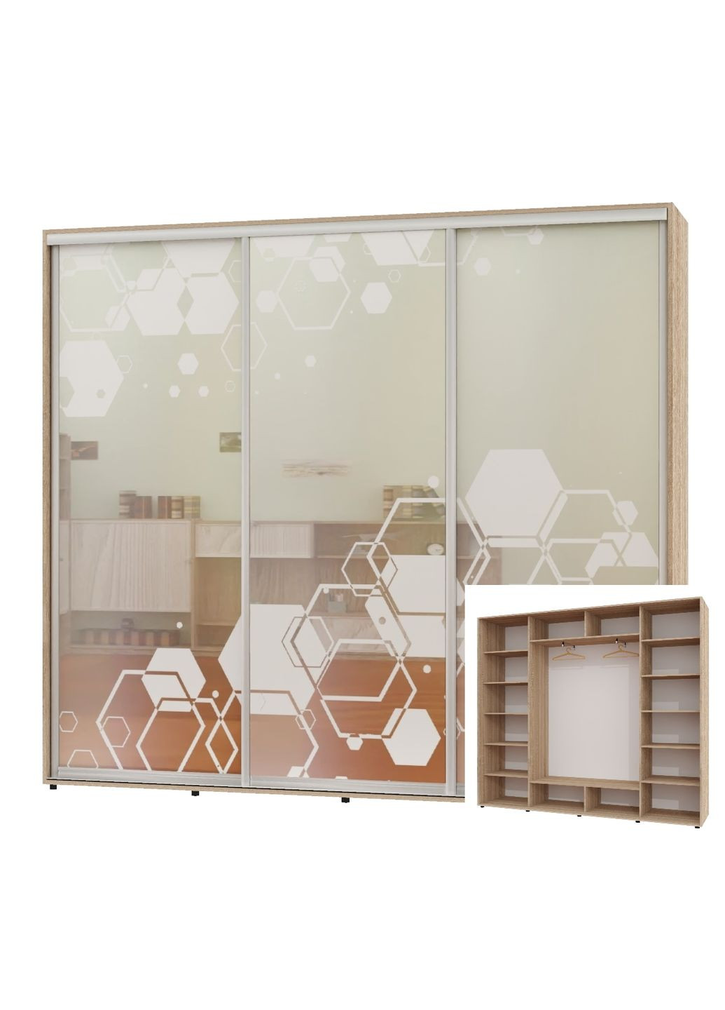 Шкаф-купе трехдверный 250*45*220 Дуб Сонома Зеркало с пескоструйным рисунком ШК-05 Алекса (360479250)