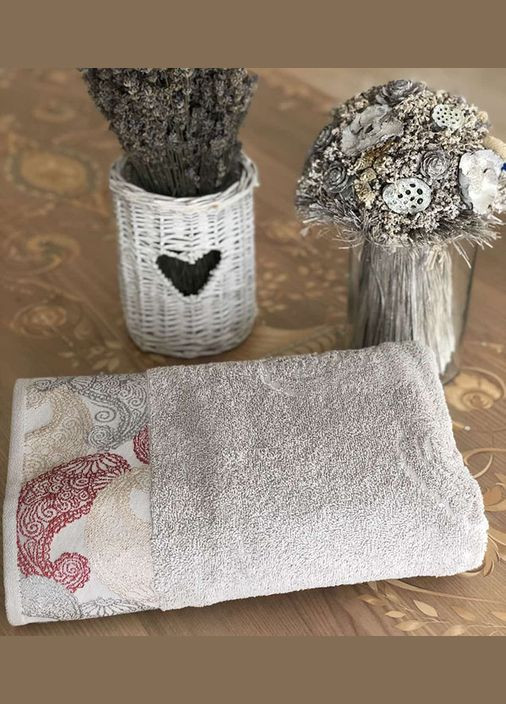 Рушник махровий гладкофарбований жакард бордюр Орнамент 50х90 Катруся орнамент бежевий