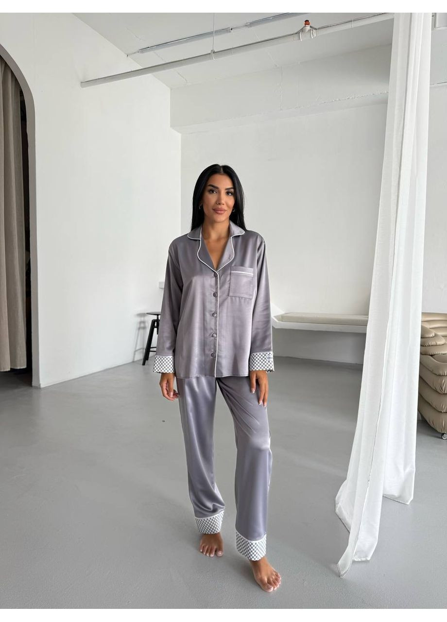 Сіра всесезон жіноча піжама сіра з окантовкою сорочка + брюки Vital-Textile 1292