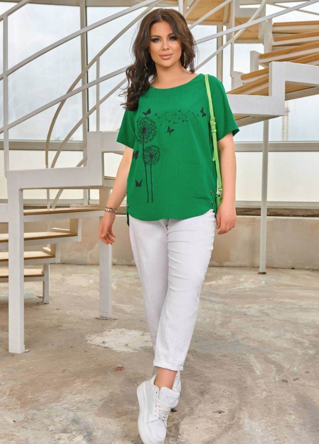 Зелёная легкая летняя блуза из жатки No Brand