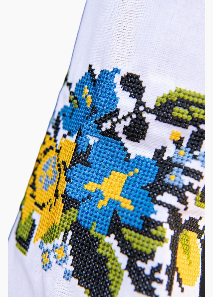 Белая детская льняная вышиванка для девочки желто-голубые цветы Україна лен (321148825)