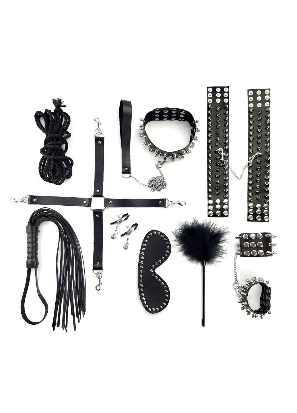 BDSM-набір – Spikes BDSM Set Leather, 10 предметів, чорний, натуральна шкіра Art of Sex (339866169)