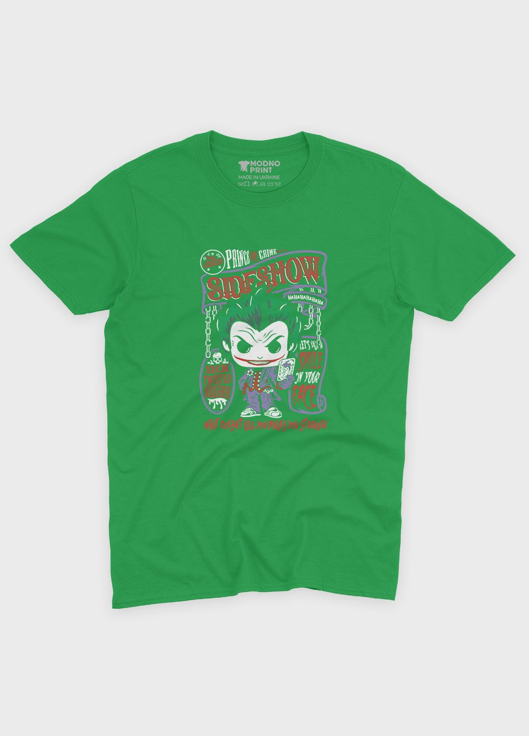 Зелена демісезонна футболка для хлопчика з принтом суперзлодія - джокер (ts001-1-keg-006-005-027-b) Modno