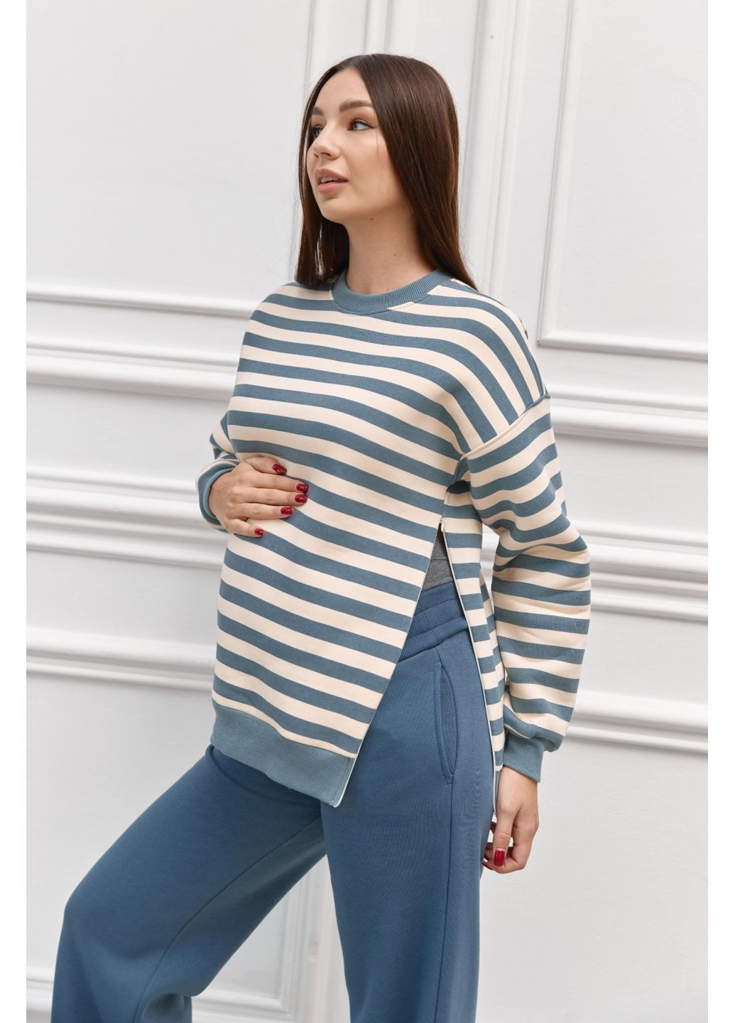 Темно-блакитний теплий світшот для вагітних та годуючих у темно-блакитну смужку на флісі Dianora смужка (367837693)