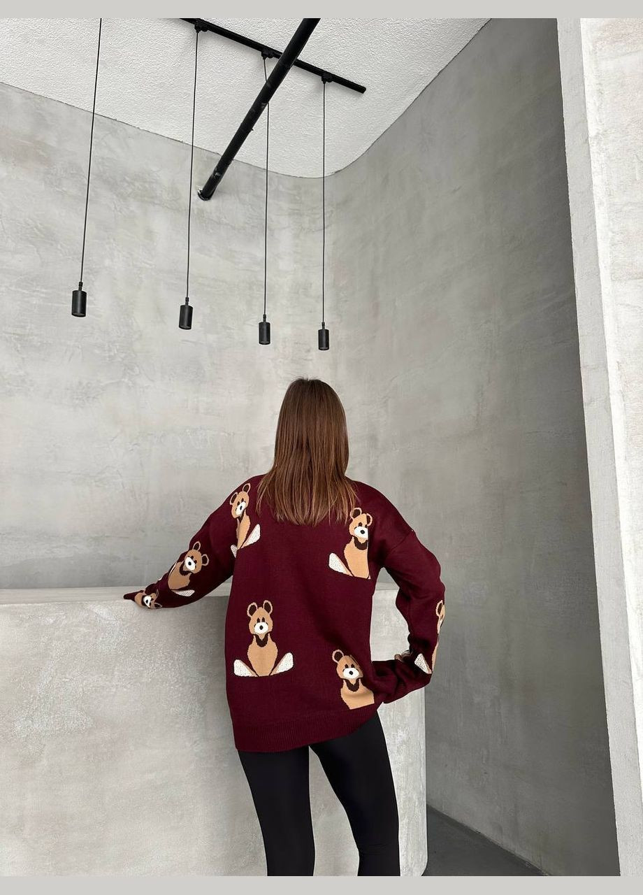 Бордовий демісезонний теплий жіночий светр з ведмедиками бордовий No Brand