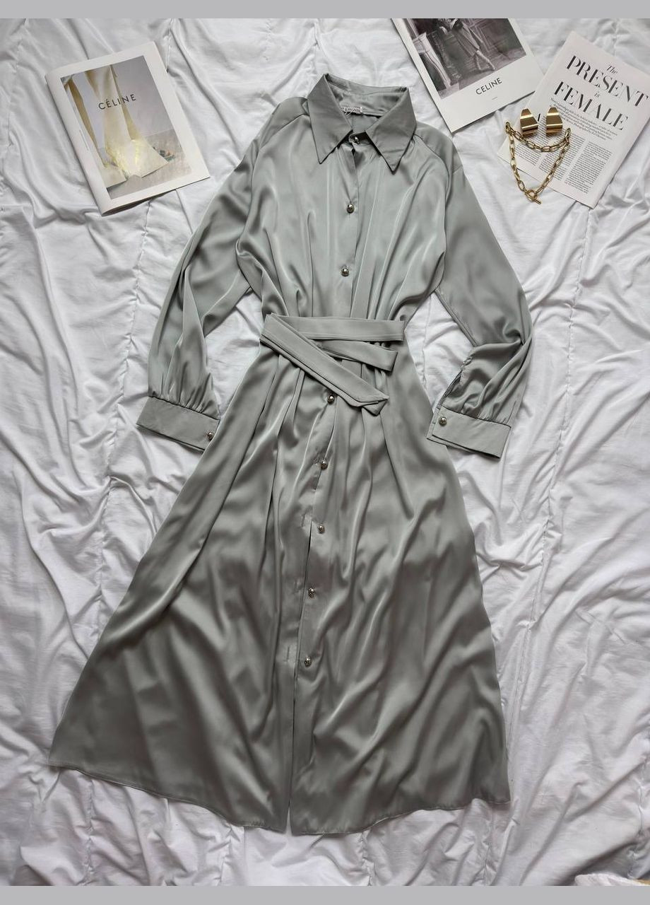 Сіра кежуал сукня з поясом з шовку сукня-сорочка Adelante однотонна