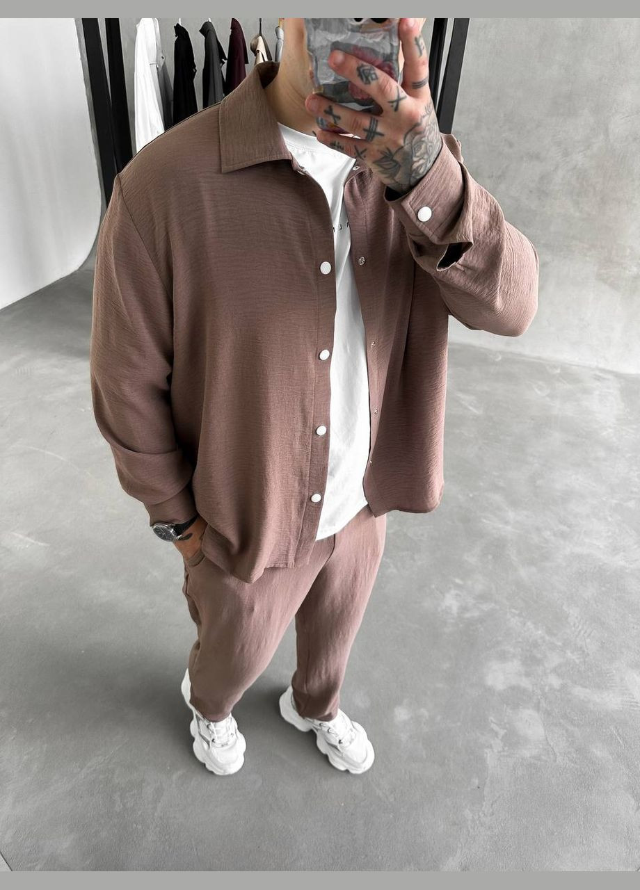 Темно-бежевый летний костюм: брюки и рубашка из легкого дышащего материала с рубашкой, брючный Україна