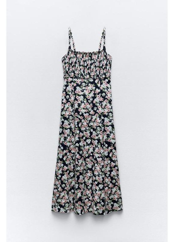 Синя квітчаста сукня міді з льоном Zara