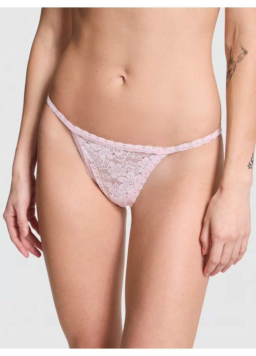 Трусики-стрінги жіночі мереживні PINK Wink V-String Panty пудрові Victoria's Secret (348779886)