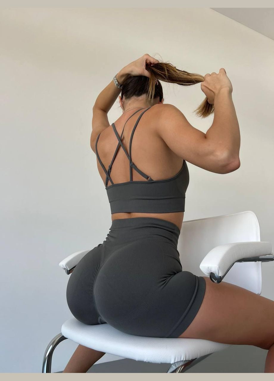 Спортивный костюм (топ на бретелях и шорты) с пуш-ап эффектом темно-серого цвета, размер S Trends (330757115)