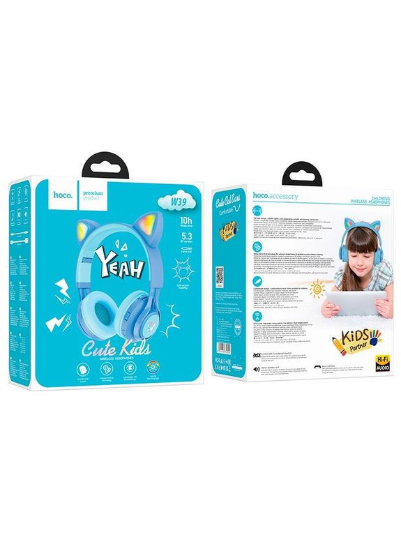 Навушники дитячі Cat ear kids BT headphones W39 блакитні Hoco (280877445)