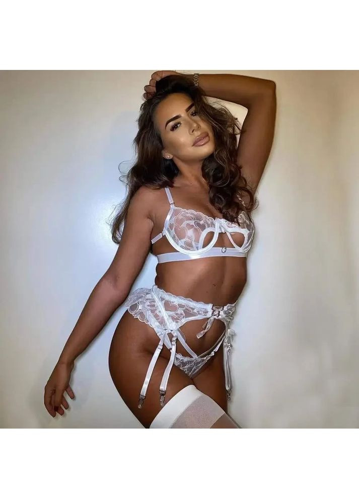 Білий демісезонний мереживний комплект із поясом. шикарний комплект спідньої жіночої білизни із поясом білизна якісне мереживне розмір s m l China