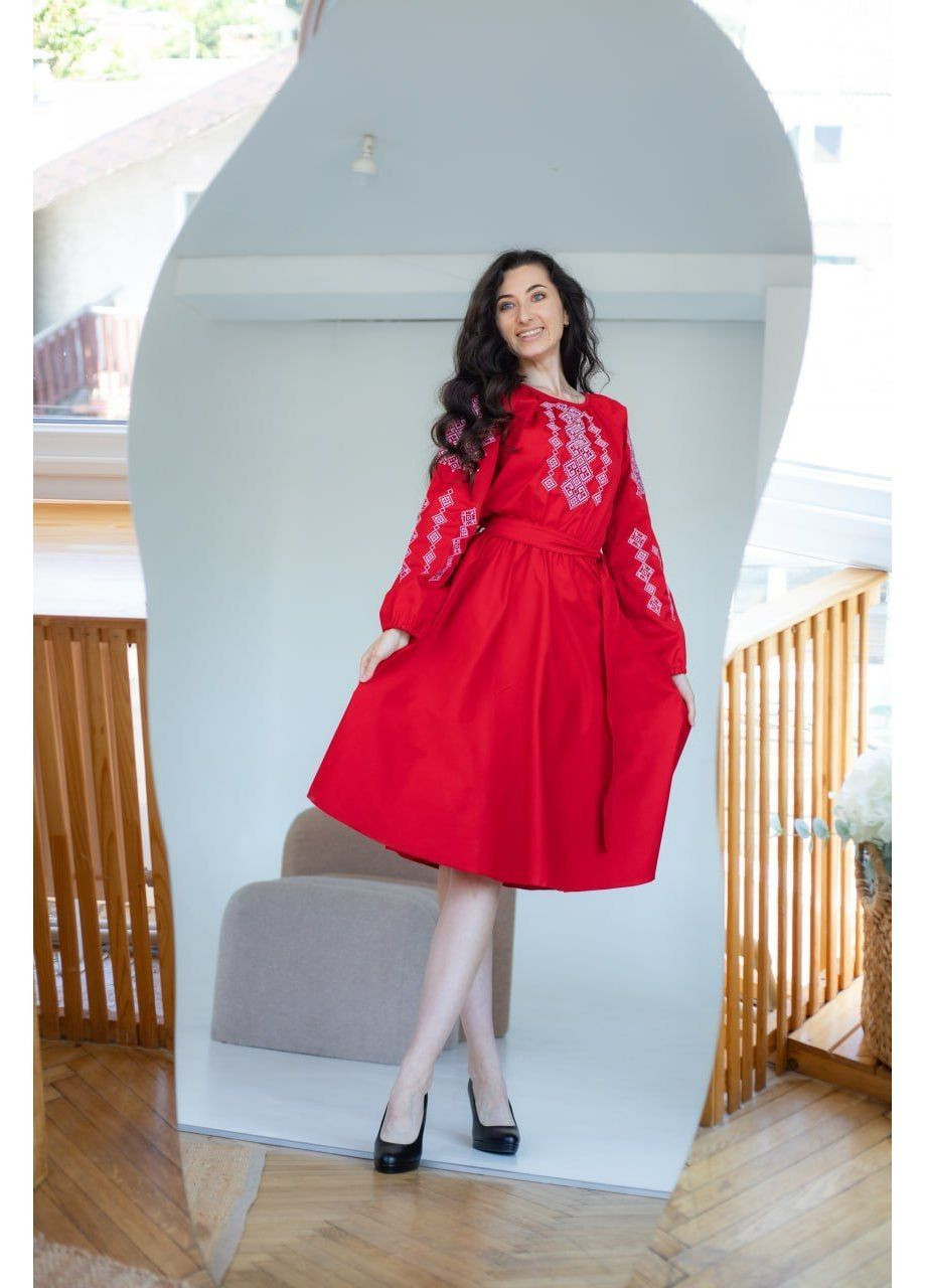 Червона вишита жіноча сукня vishivano4ka 1016-7 візерунок геометричний бавовна, поліестер (366081965)
