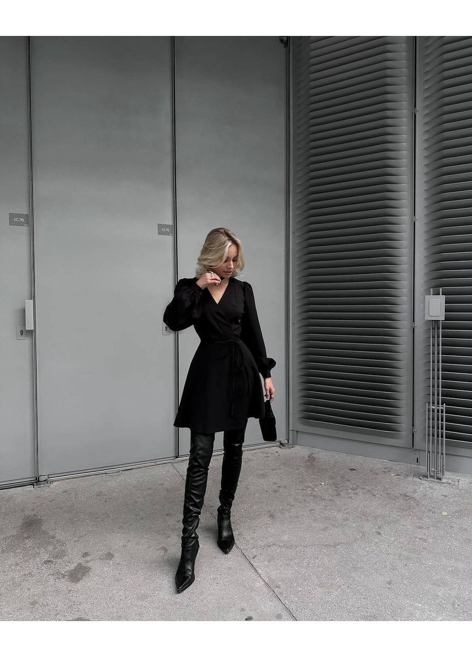 Черное вечернее женское платье мини на запах с объемными рукавами на запах MonCher