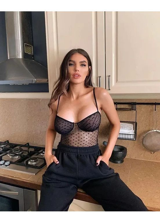 Мереживний боді в горошок на бретелях. Мереживний боді чорного кольору прозорий із спандекса China (360862061)