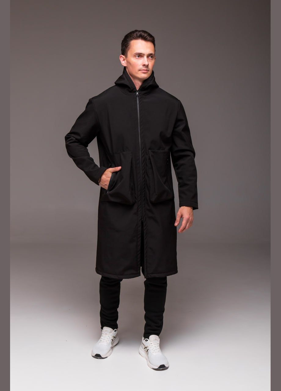 Черное демисезонное Пальто Удлиненное Softshell на флисе No Brand