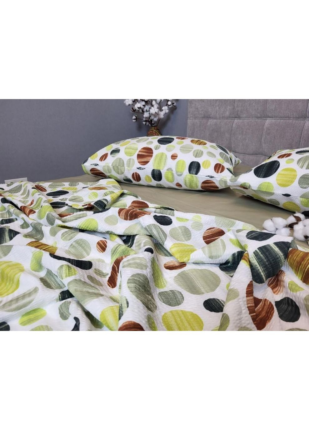 Постільна білизна з резинкою Карамелька оливк., ранфорс гофра (жатка) Полуторний розмір, наволочки 70/70 No Brand (364220834)