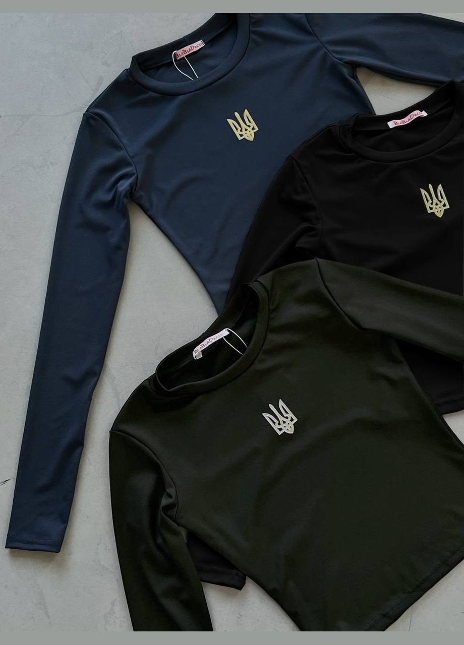 Патриотичный однотонный топик "Тризуб" из микродайвинга в одном размере 42-46,топ цвета хаки с гербом Украины на груди No Brand 1411-1 (301407596)