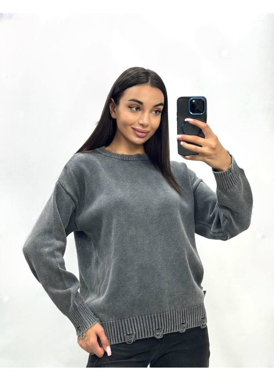 Сірий демісезонний жіночий светр оверсайз варенка з ефектом потертості MonCher