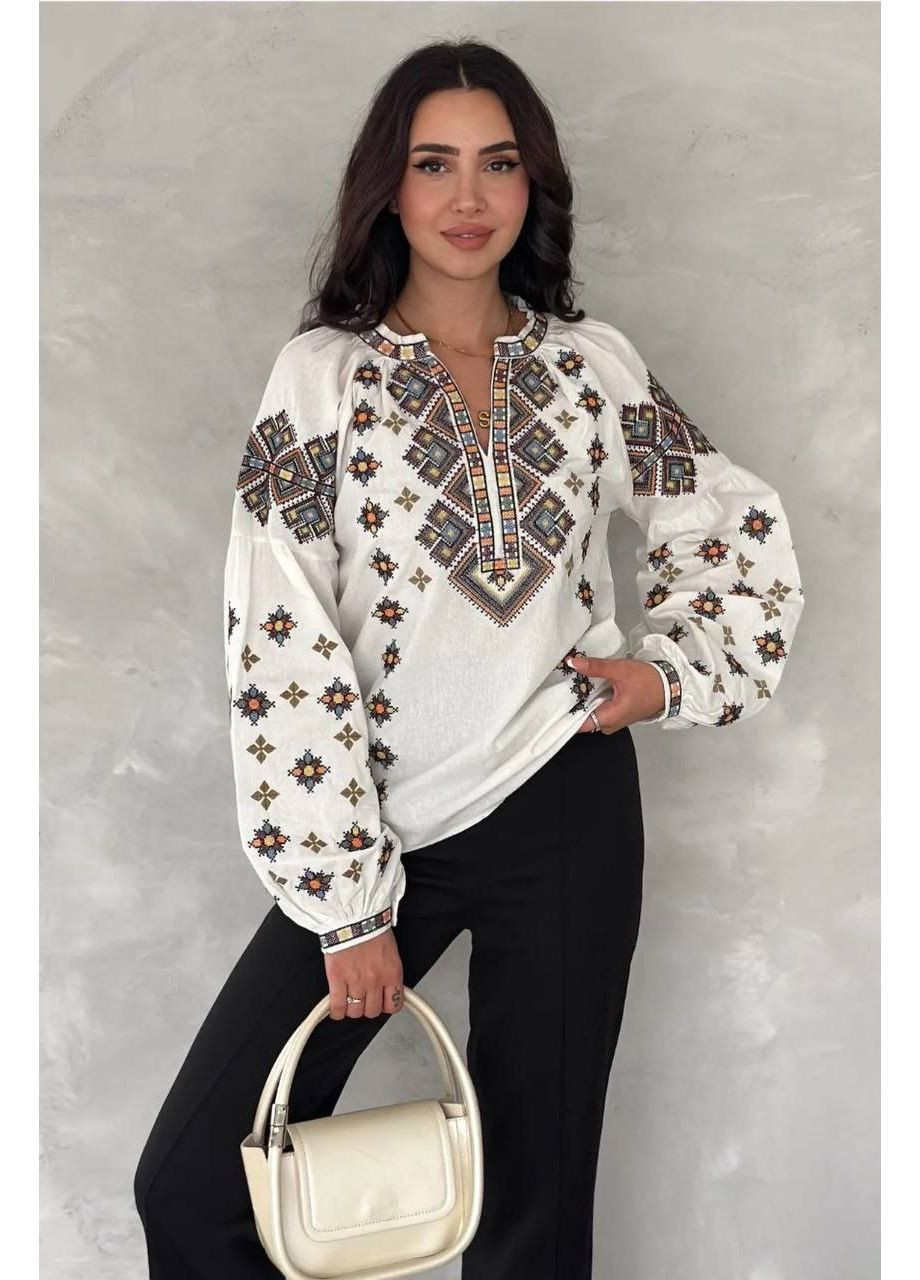 Молочная колоритная черная блуза вышиванка с геометрическим орнаментом, женская рубашка с вышивкой, этно вышитая рубашка. узор геометрический прямой, свободная хлопок, полиэстер (352189084)